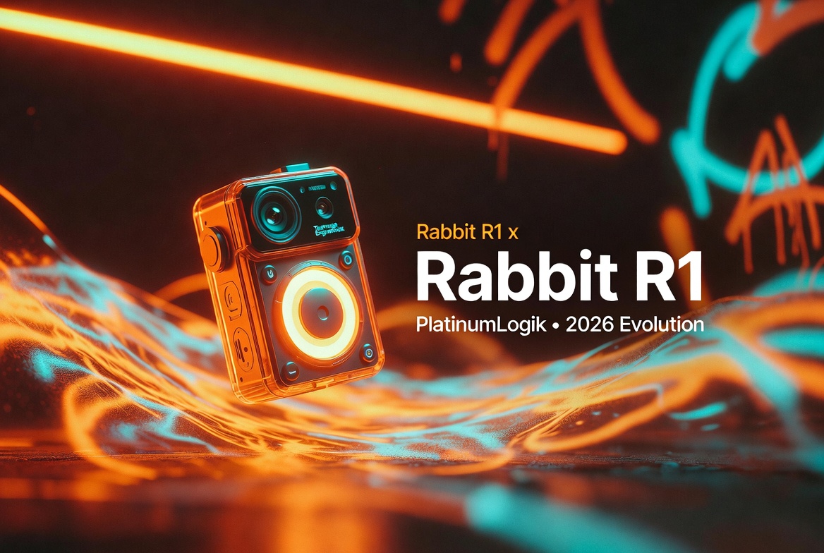 Expressive PlatinumLogik Rabbit R1 Banner - vibrant orange device with neon and creative energy