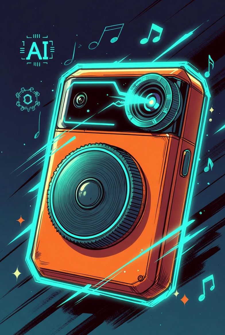 Stylized artistic illustration of Rabbit R1 in PlatinumLogik expressive style with neon and music elements